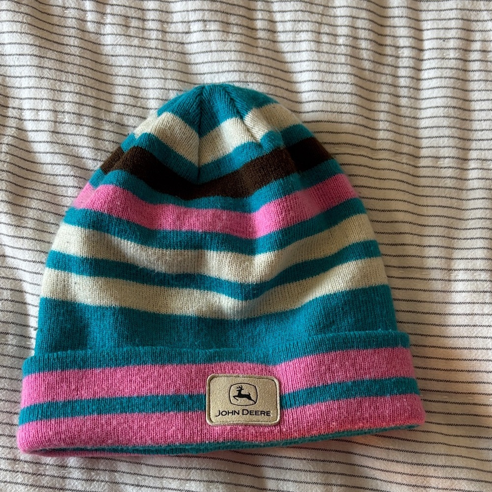 John Deere Colorful Striped Beanie - Teal, Pink, Brown